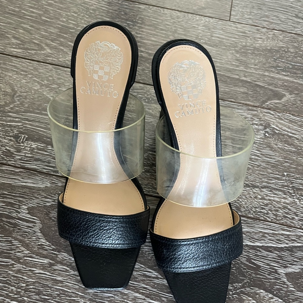 Vince Camuto Black Heeled Mules with Transparent Strap